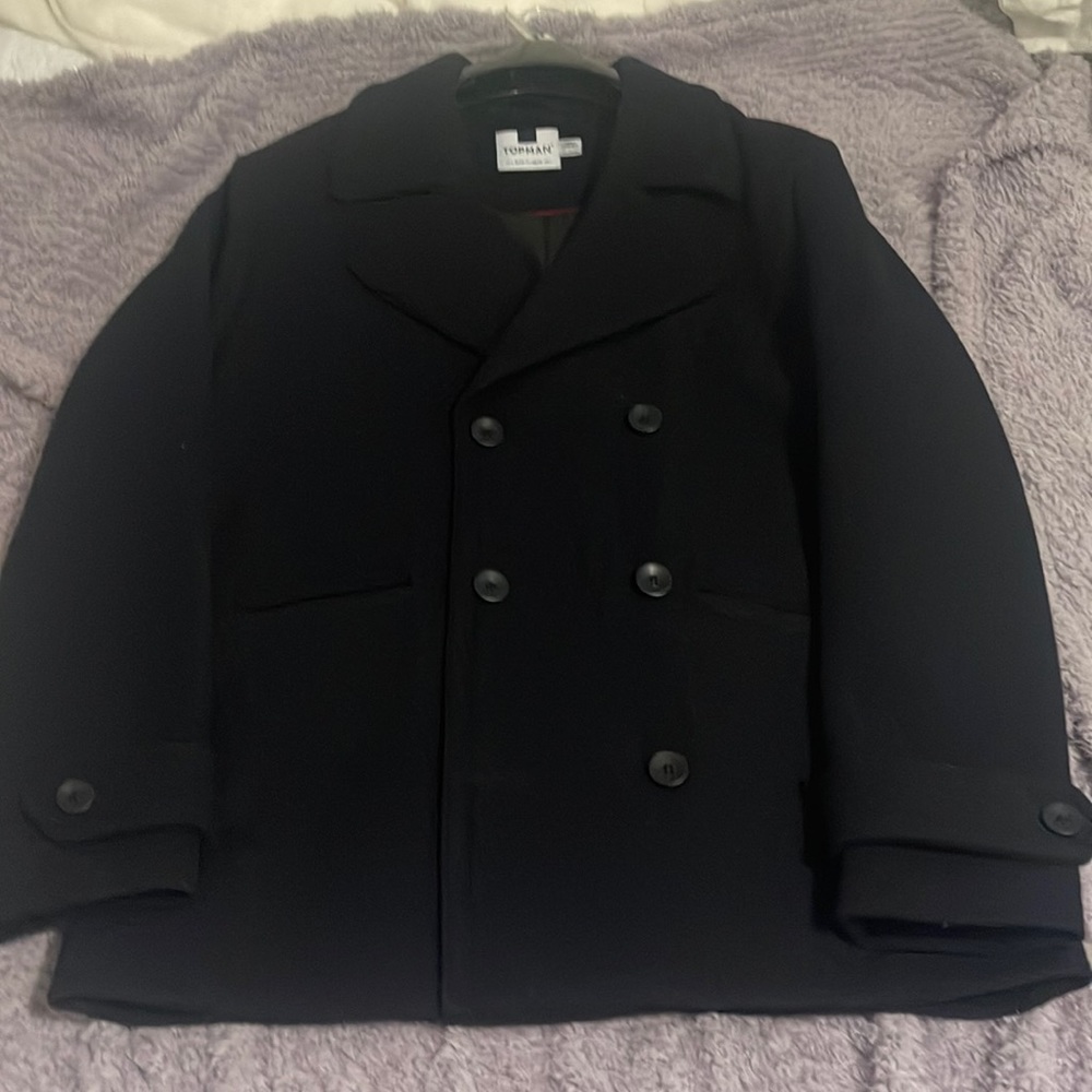 Men’s topman pea coat (super dark navy, nearly black).